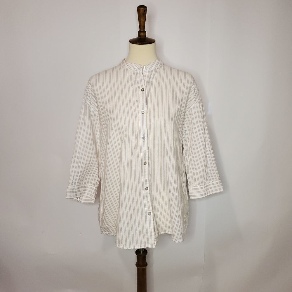 Eileen Fisher white khaki striped button front shirt small